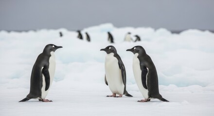 Fototapeta premium Adelie Penguins Trio on Icy Antarctic Landscape with Blurred Colony