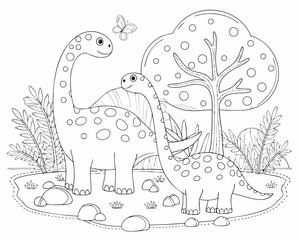 Cute dinosaur coloring page with butterfly and tree