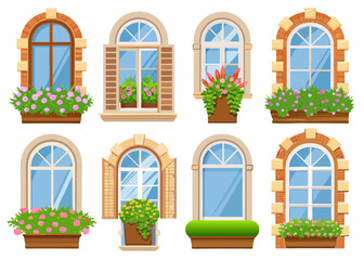 Obraz premium Collection of charming arched windows with flower boxes and shutters