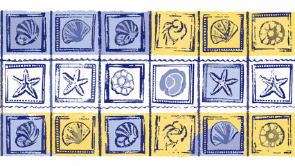 Collection of various seashells and starfish in a stamp like pattern