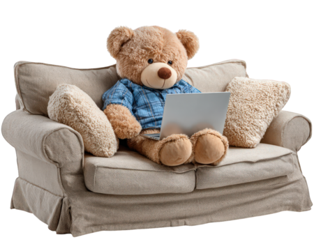Teddy bear sofa laptop plush cozy modern living room technology relaxation cute plush toy sitting comfortably on beige sofa using laptop creating warm and modern lifestyle atmosphere
