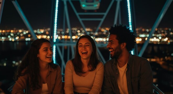 Three diverse friends sharing a joyful laugh on a Ferris wheel at night with city lights in the background