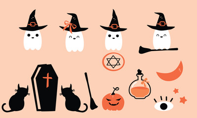 Halloween icon signs set with flying ghost cartoons, black cat, broom, moon, evil eye, poison on orange background vector.