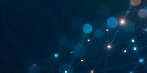 Abstract network of interconnected white lines and dots floating against a gradient blue background, creating a sense of connectivity and technological advancement
