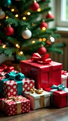 Wrapped Christmas gifts placed beneath a lit and decorated Christmas tree indoors.
