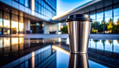 都会の休息：オフィスビルに映るステンレスカップGenerated image