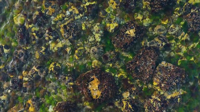 A mesmerizing top down aerial view of a shallow sea floor with stones and colorful algae creating a beautiful natural pattern