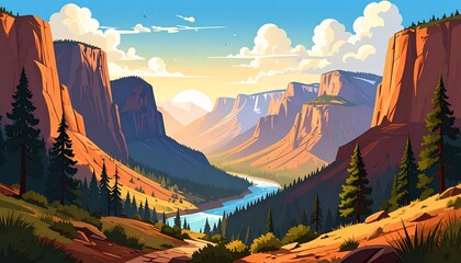 Spectacular scenic vista of a vibrant canyon landscape at sunset with a winding river