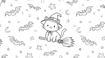 Cute black-and-white Halloween-themed illustration