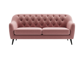 Fototapeta premium Luxurious two-seater sofa in dusty rose pink velvet, deep button tufting, curved armrests, slim dark legs, against a transparent studio background, subtle shadows, concept for high-end furniture