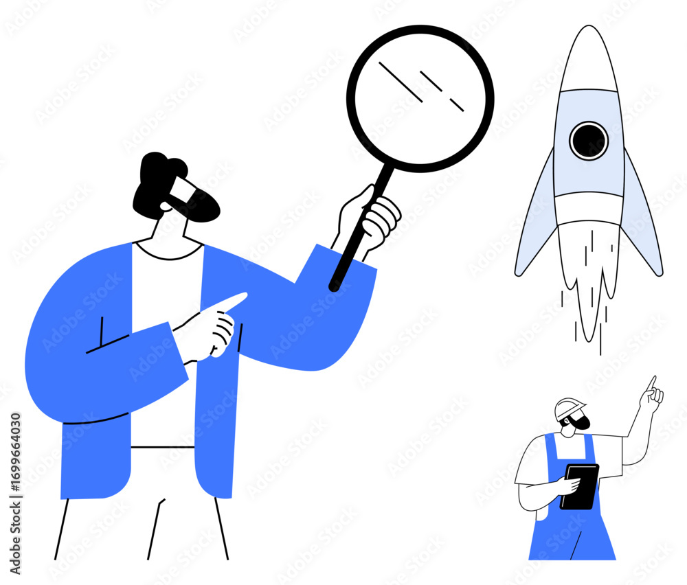 Poster man examining with magnifying glass while pointing at launching rocket, engineer holding tablet near