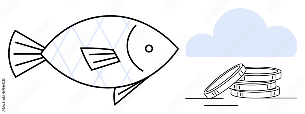 Poster fish with minimalistic design beside three stacked coins under a cloud. ideal for concepts thumbs up