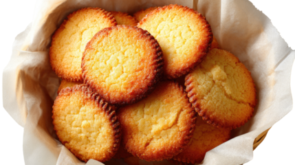 Round, golden-brown cookies piled high in a shallow, light-brown basket lined with parchment paper