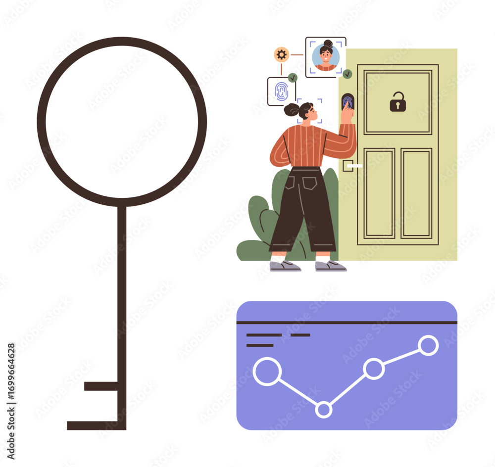 Poster large key, woman using face recognition at smart door lock, data chart icon. ideal for security, inn