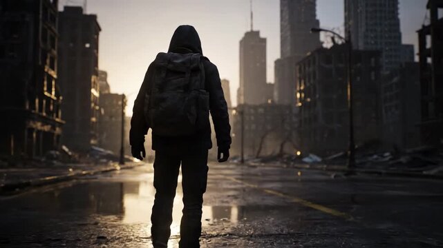 Lone Survivor Walking Through a Post Apocalyptic City Landscape