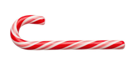 A single, pristine red and white candy cane with a glossy 'J' hook, horizontally on a transparent background with copy space, no shadows, concept of holiday sweetness and tradition