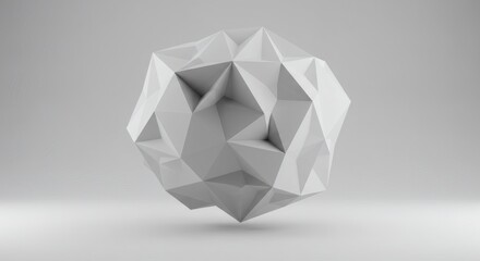 Three-dimensional rendering of an abstract polygonal sphere with a crumpled paper-like texture, floating in a clean white studio space