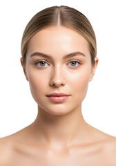 A beautiful young caucasian woman, early 20s, blonde hair pulled back, clear blue eyes, smooth radiant bare skin under soft diffused studio light, white background. Concept for skincare advertising