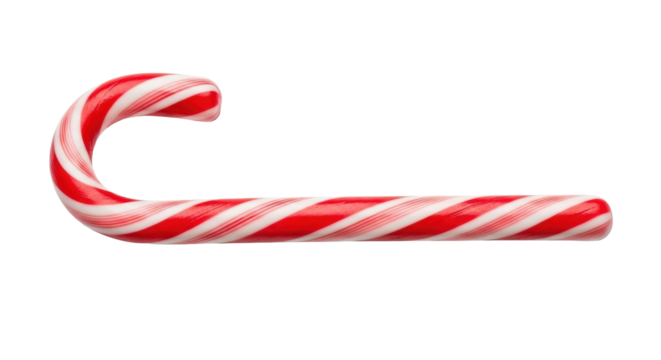 A single, pristine red and white candy cane with a glossy 'J' hook, horizontally on a transparent background with copy space, no shadows, concept of holiday sweetness and tradition