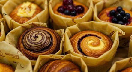 Fototapeta premium Delicious pastry assortment with various fillings, beautifully arranged in paper cups, food photography