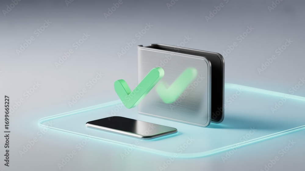 Poster wallet integration success finance transaction digital wallet concept with smartphone and checkmarks