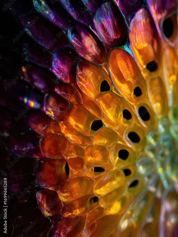 Poster vivid colors in an intricate pattern resembling a natural formation or a decorative object