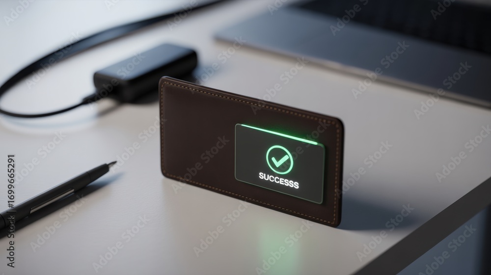 Poster wallet integration success finance transaction smartphone on a desk displaying a success message wit