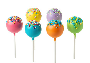 Six vibrant, glossy cake pops (pink, yellow, teal, orange, purple, green) with sprinkles on white sticks, sharp focus, transparent studio background, ample copy space, appetizing, festive
