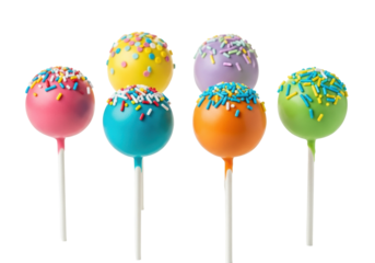 Six vibrant, glossy cake pops (pink, yellow, teal, orange, purple, green) with sprinkles on white sticks, sharp focus, transparent studio background, ample copy space, appetizing, festive