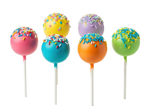 Six vibrant, glossy cake pops (pink, yellow, teal, orange, purple, green) with sprinkles on white sticks, sharp focus, transparent studio background, ample copy space, appetizing, festive