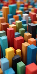 Obraz premium A vibrant arrangement of colorful wooden blocks creates a dense, three-dimensional cityscape.