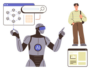 Robot pointing at digital diagrams of blockchain and data while a person observes. Ideal for AI, technology education, blockchain, machine learning, innovation, digital knowledge, simple flat