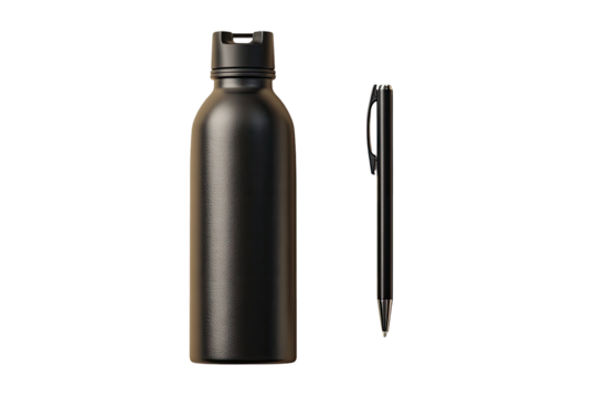 Matte black water bottle and pen