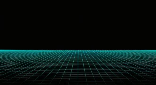 Futuristic digital landscape with a glowing turquoise grid receding into an infinite virtual horizon