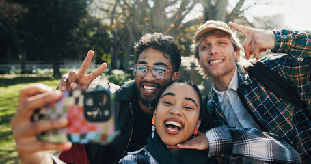 Selfie, friends and outdoor in park with phone, carefree and social media post on university break....