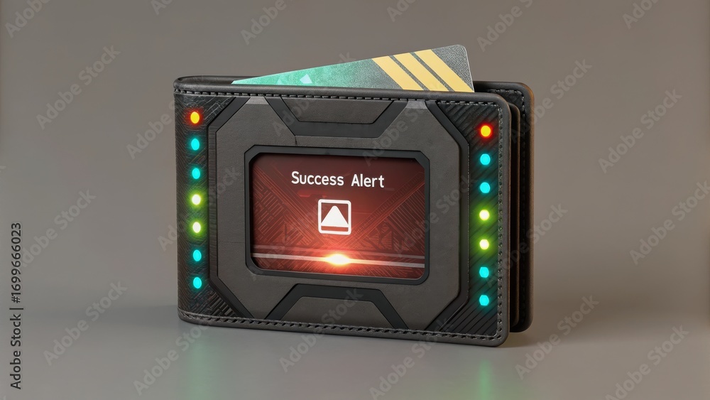 Poster wallet integration success finance transaction futuristic wallet with digital alert display and led 