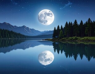 A serene lake at night, reflecting a full moon over a mountain range and dense forest.