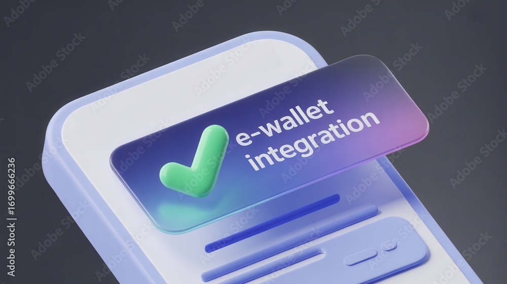 Poster wallet integration success finance transaction e-wallet integration concept with checkmark on smartp