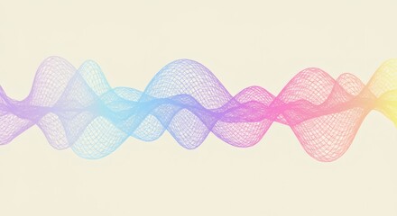 Abstract futuristic background with a flowing digital wave composed of a vibrant pastel color mesh, representing a spectrum of light or sound
