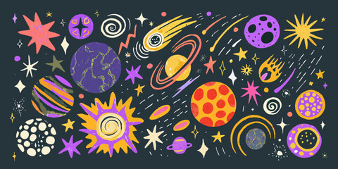 Whimsical hand drawn space illustration with planets stars and comets in vibrant colors