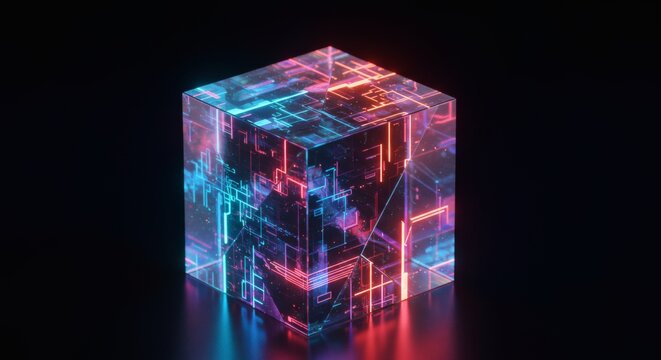 A luminous cube radiates with intricate blue and red neon lines, an abstract representation of complex data processing and future technology