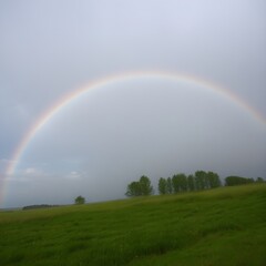 Fototapeta premium Bright rainbow appearing above a quiet meadow after rainfall.