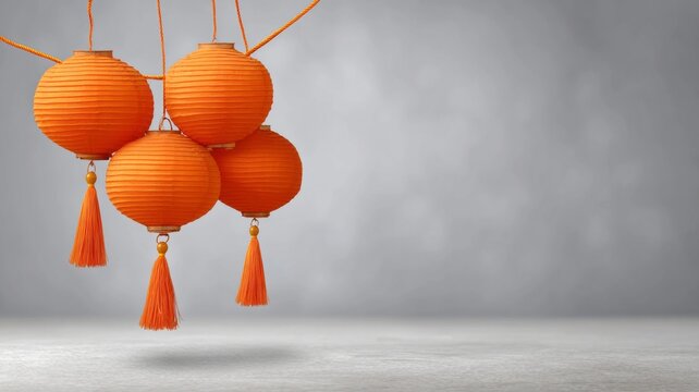 A group of orange lanterns hanging from a ceiling