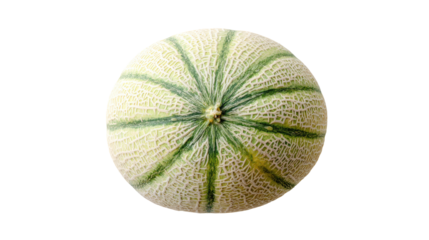Close-up of a cantaloupe, top view.  Pale yellow/cream colored rind with  green stripes radiating from the center.  A small, slightly raised seed area is visible