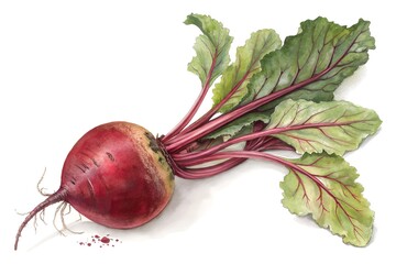 Watercolor Painting of a Single Fresh Beetroot with Green Leaves and Stems root vegetable