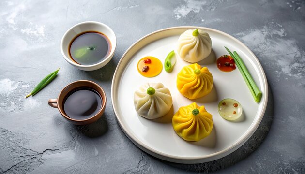 Gourmet Steamed Buns: White and Yellow Xio Long Bao with Dipping Sauces