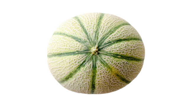 Close-up of a cantaloupe, top view.  Pale yellow/cream colored rind with  green stripes radiating from the center.  A small, slightly raised seed area is visible