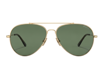 Classic gold aviator sunglasses with dark green reflective lenses, ergonomic nose pads, and double bridge, centered on a transparent studio background with copy space, concept of sophisticated