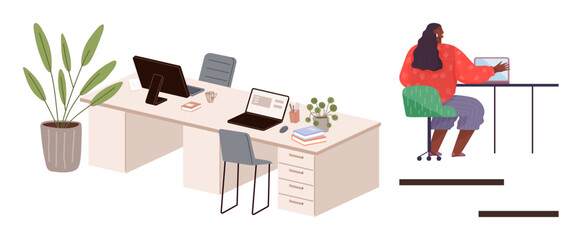 Office space featuring desks, laptops, and chairs. Woman seated at a desk working on a computer. Ideal for business, remote work, collaboration, modern workspace productivity interior decor. Simple