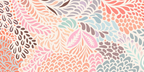 Abstract organic floral pattern with soft pastel colors and a whimsical hand drawn feel